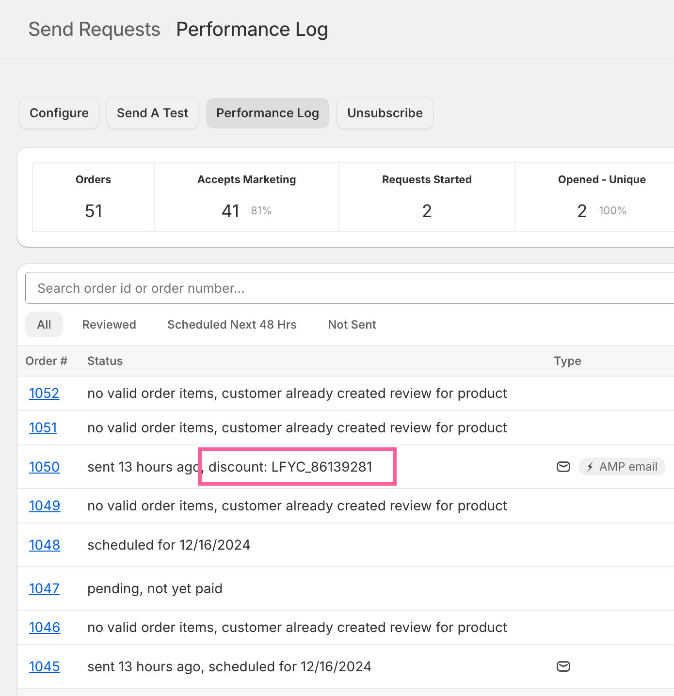 Rapid Reviews After Reviews Message Discount Performance Log